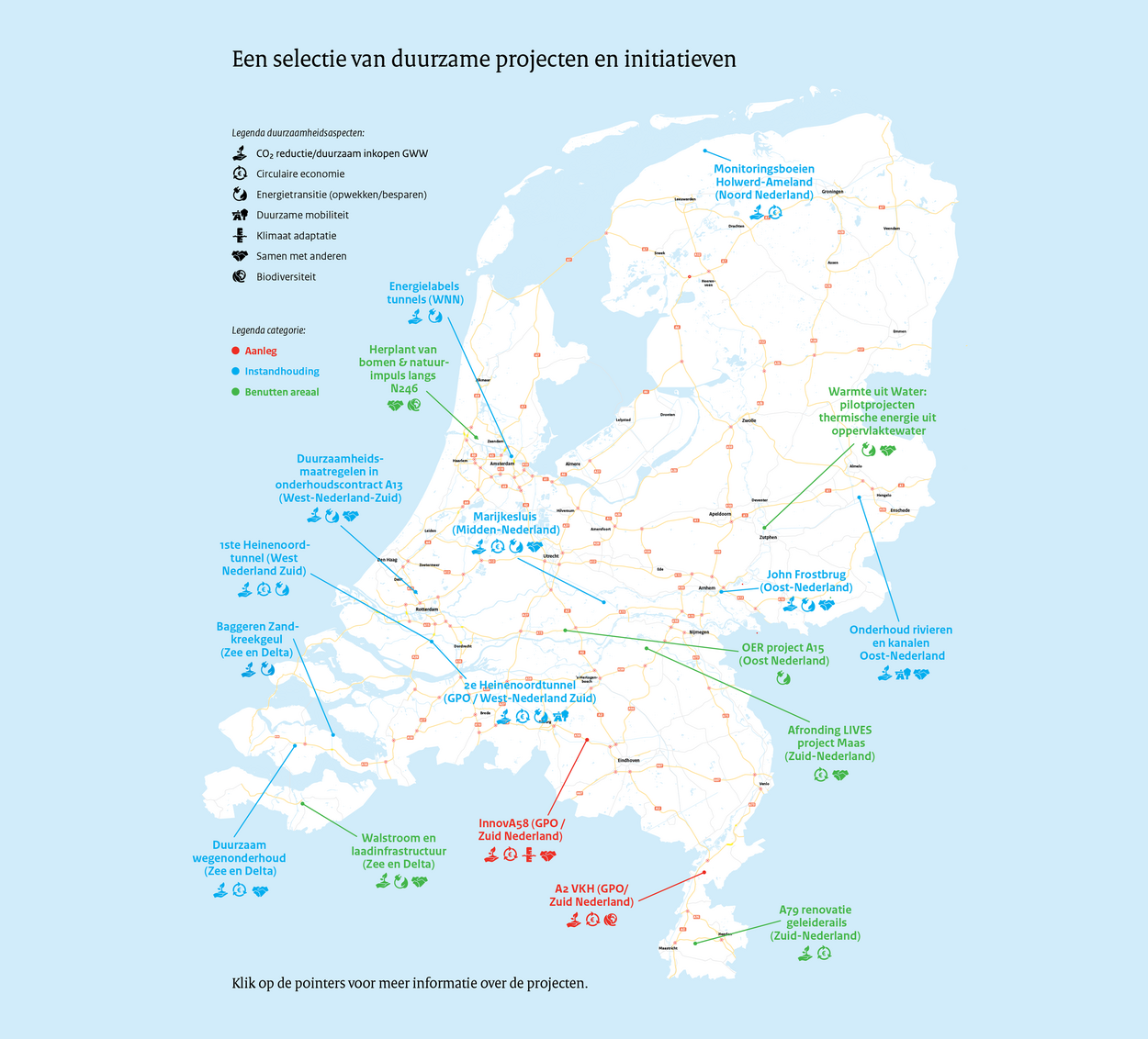Kaart met een selectie van duurzame projecten van Rijkswaterstaat in 2021.
