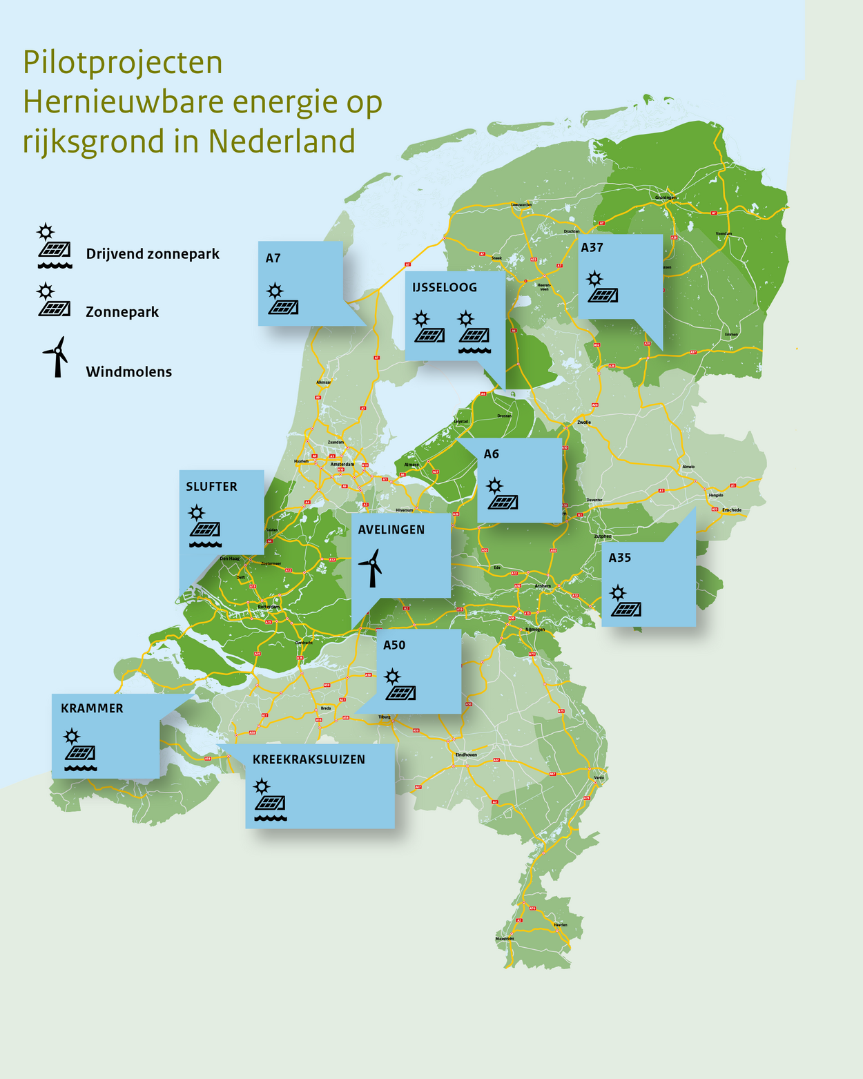 Kaart van Nederland waar alle provincies met kleurverschillen zijn aangeduid, en het weggennetwerk zichtbaar is gemaakt. De Projecten A7 (zonnepanelen), A37 (zonnepanelen), IJsseloog (zonnepanelen op land en water), Slufter (zonnepanelen op zee), Avelingen (windmolens), A6 (zonnepanelen), A35 (zonnepanelen), A50 (zonnepanelen), Kreekraksluizen (zonnepanelen op het water) en Krammer (zonnepanelen op het water) zijn weergegeven.