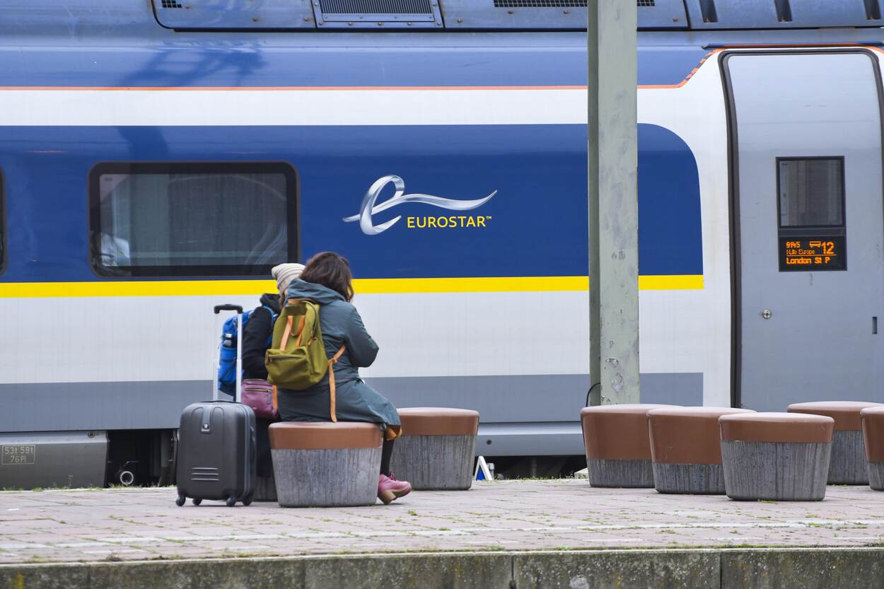 Eurostartrein op station Rotterdam Centraal met passagiers op het perron.