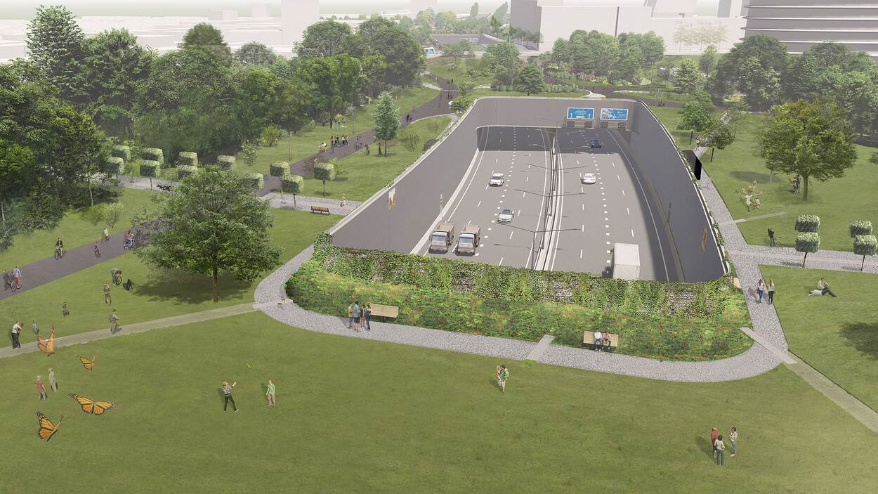 Impressie van het nog aan te leggen Zuiderplantsoen bovenop de ondertunnelde Zuidelijke Ringweg