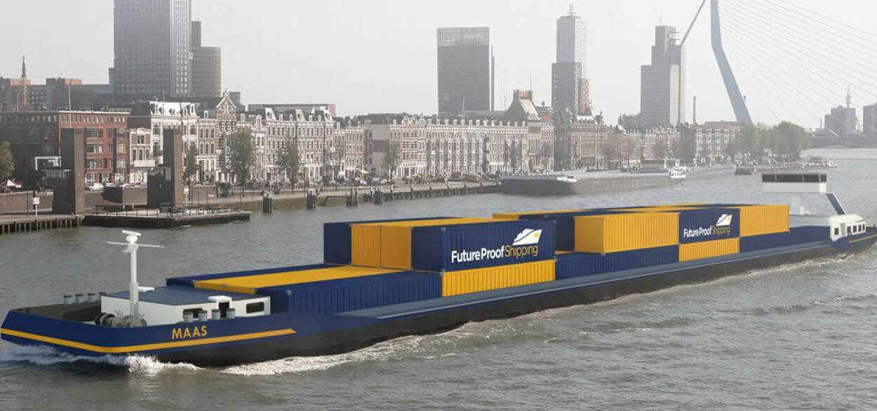 Future Proof Shipping schip met containers op batterij
