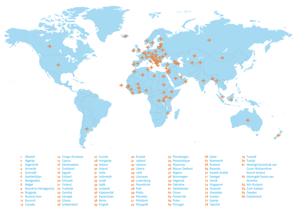 wereldkaart met de bestemmingen die de PH-KBX heeft aangedaan van 1996 tot en met 2017
