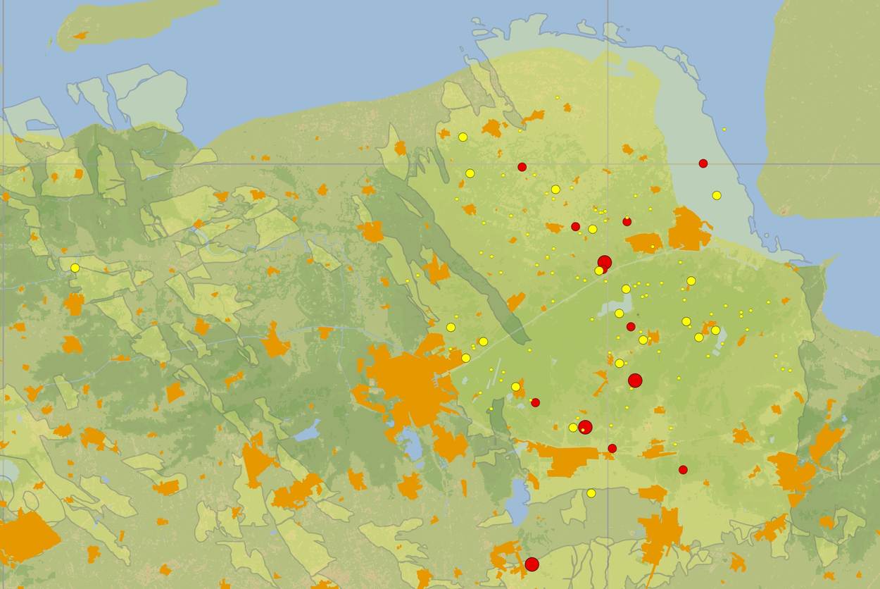 Kaart van het noordoosten van Nederland met daarop in gele (kleiner dan 1,5) en rode (1,5 en groter) rondjes de aardbevingen die daar in 2016 hebben plaatsgevonden.