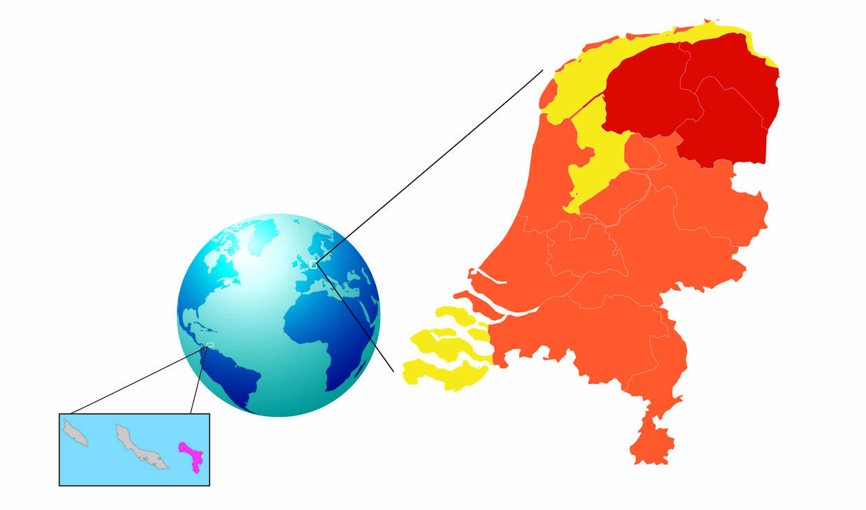 Kaart van Nederland en Bonaire met elke provincie in de kleur van de hoogste weerwaarschuwing die daar in 2016 voor is uitgegeven.