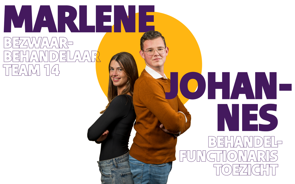 Foto van Marlene, bezwaarbehandelaar team 14. Foto van Johannes, behandelfunctionaris toezicht