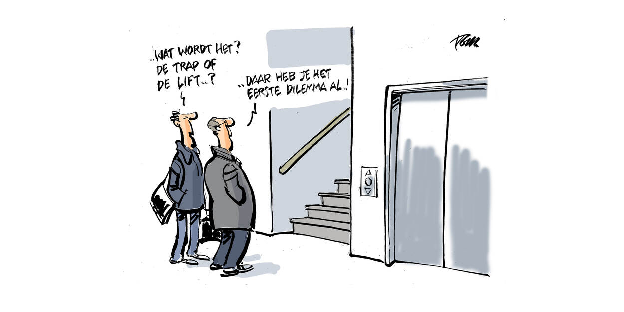 Cartoon over dilemma's (in beeld twee mannen die twijfelen of ze de lift of de trap moeten nemen)
