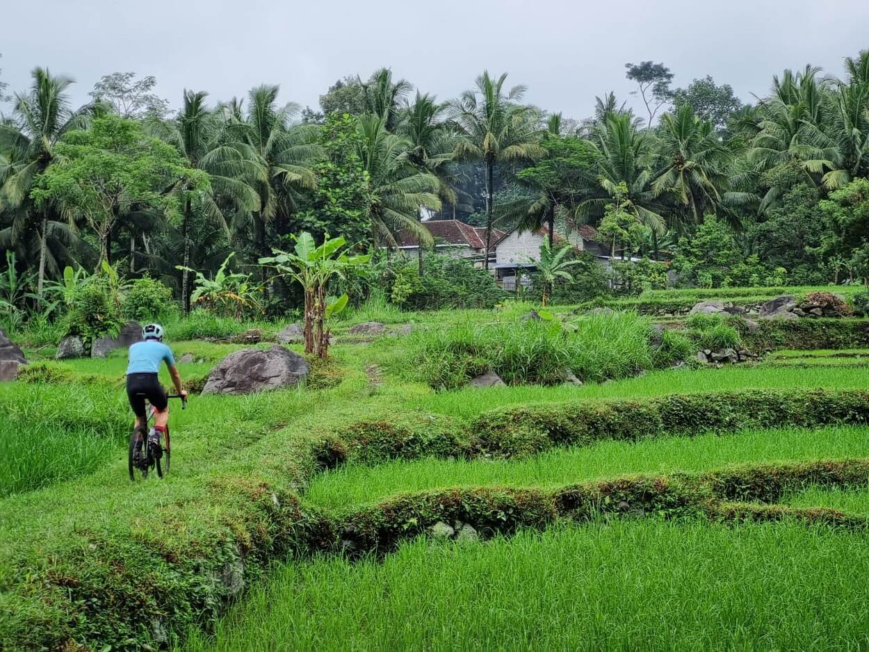 Bart Looman aan het fietsen in een groene omgeving in Indonesië