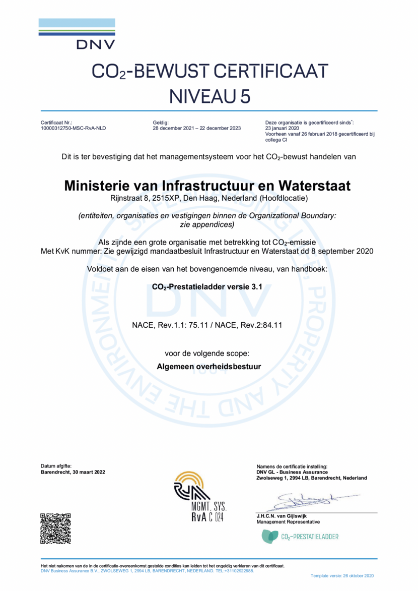 Certificaat van het ministerie van IenW voor niveau 5 van de CO2-Prestatieladder.