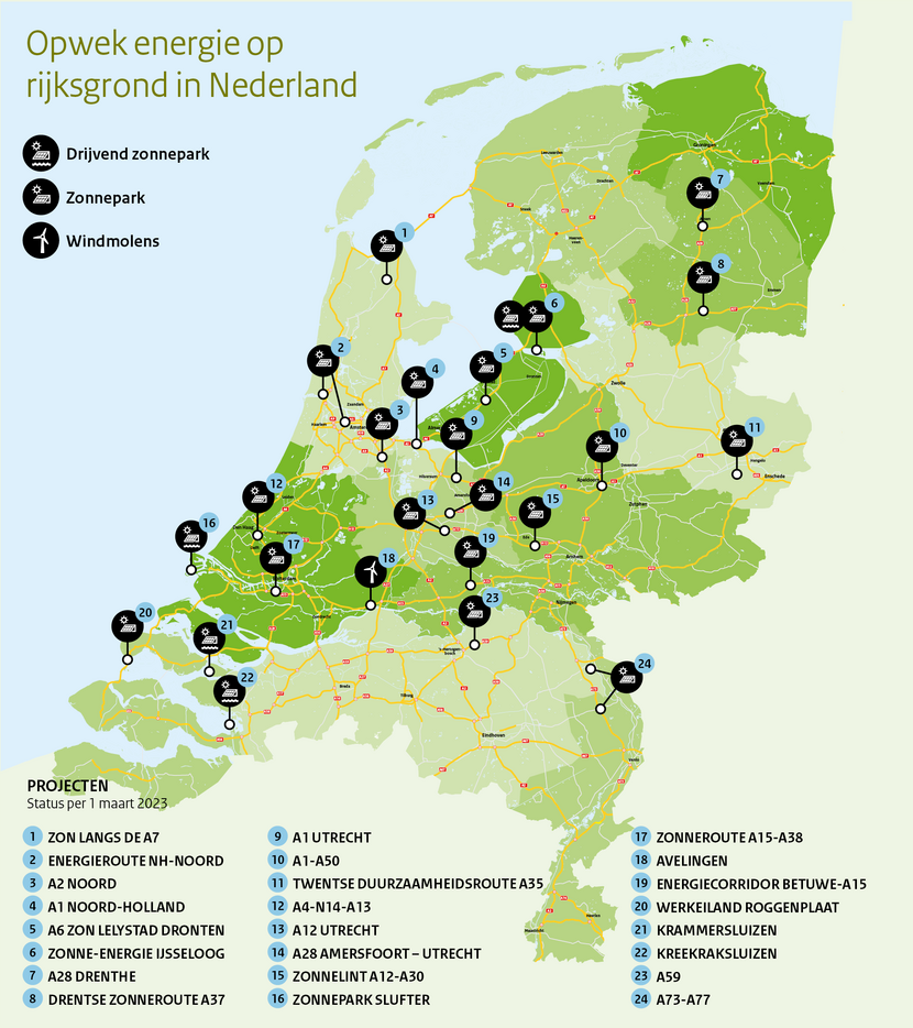 Kaart van Nederland waar de locaties van alle 24 projecten van Opwek energie op Rijksgrond staan aangegeven. Ook staat er per project aangegeven of het gaat om windmolens, een zonnepark of een drijvend zonnepark. 