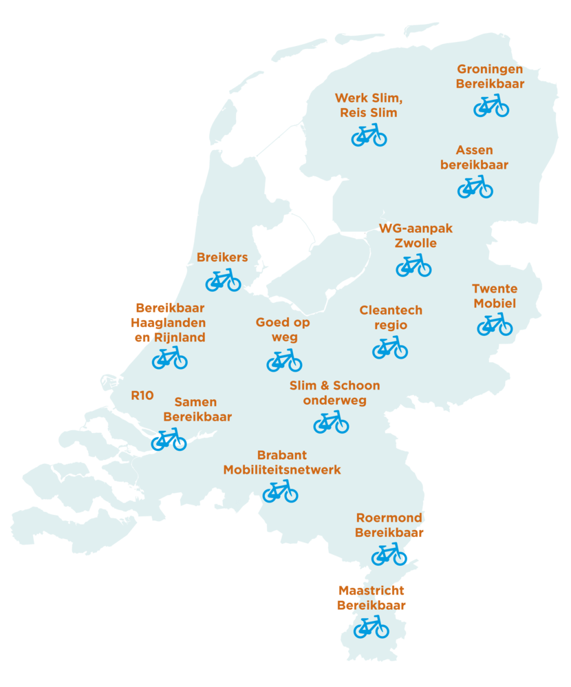 Kaart van Nederland met regionale fietsambassadeurs