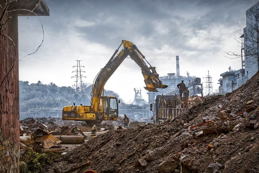 Crane in a pile of rubble