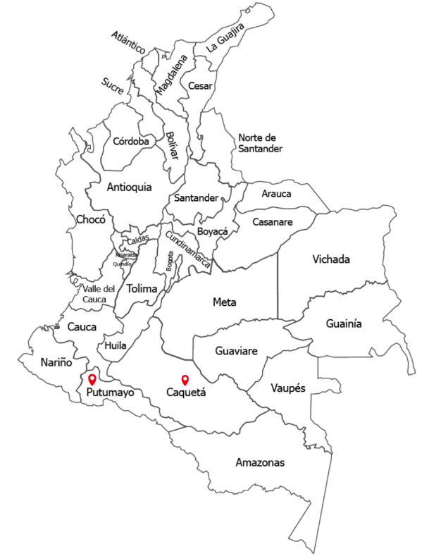 Caquetá and Putumayo highlighted on map of Colombia