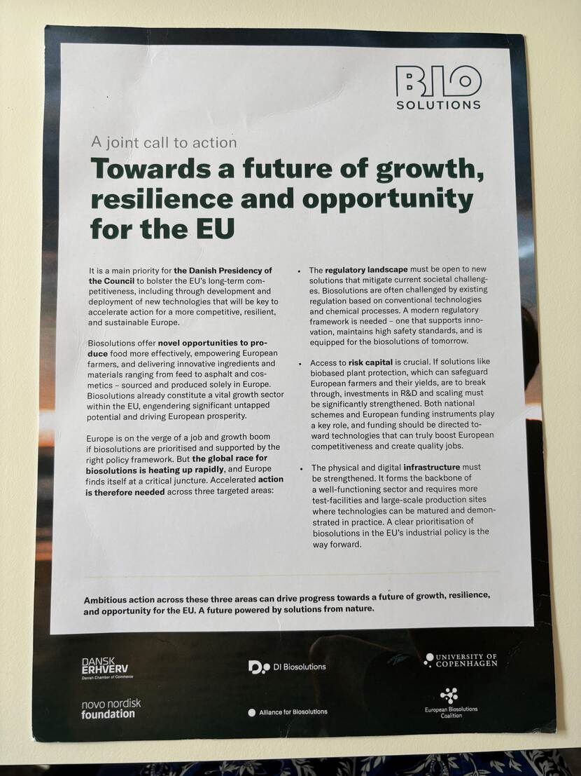 A photo of a flyer with joint call to action from Biosolutions
