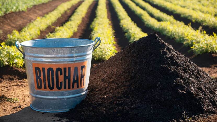 a bucket labeled 'biochar' next to a pile of biochar