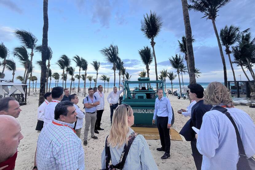 Participants during a fieldtrip to RIU hotel during the sargassum mission in April 2025 gathered around the host