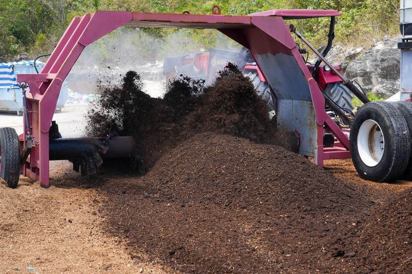 Sargassum being transformed into substrate by a machine