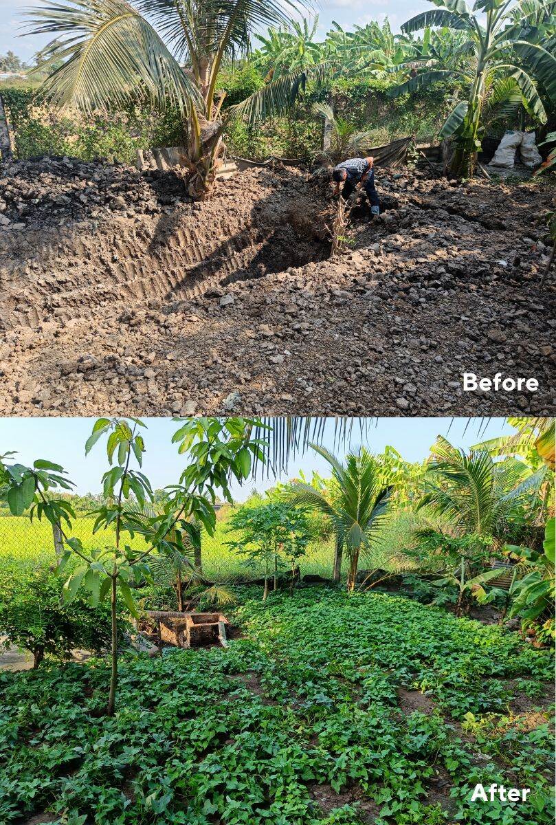 a collage of two pictures of before and after testing Verdant Biogas’ hybrid bio-digester in a smallholder in Vietnam.