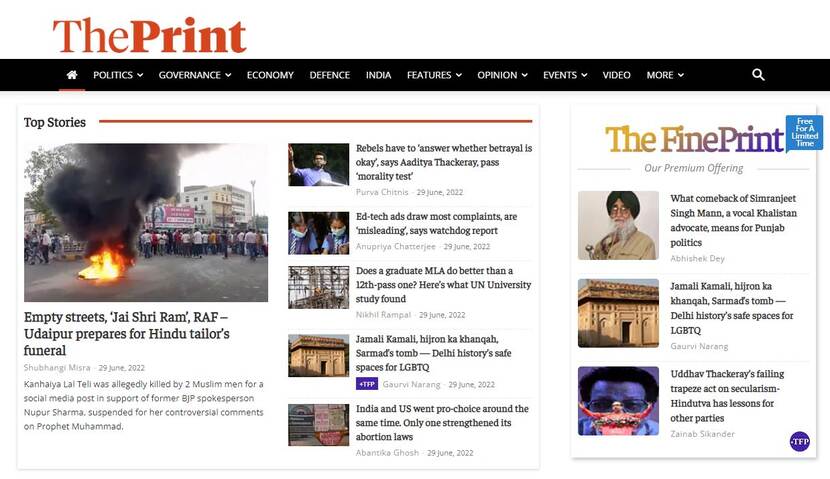 Afbeelding van de homepage van 'The Print'  Een Engelstalige site over het nieuws in India