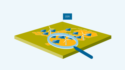 Illustratie van een liggende kaart van Nederland met een vergrootglas, die een icoon van een windmolen en zonnepaneel uitvergroot. In het midden staat de titel van het programma, OER.