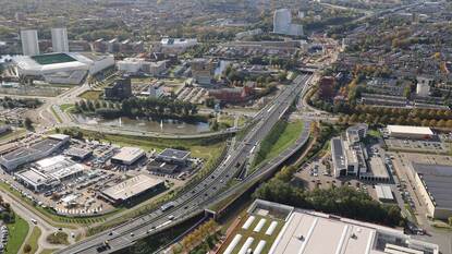 De nieuwe aansluiting op de Zuidelijke Ringweg bij de Europaweg gezien vanuit de lucht