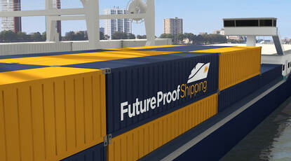 Future Proof Shipping schip met containers op batterij