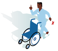 Zorgaanbieder. Het figuur beeld een zorgverlener uit die een rolstoel voortduwt met een EHBO-doos in de hand. Hiermee staat deze zorgverlener als metafoor voor de bredere groep zorgaanbieders.
