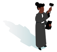 Het Openbaar Ministerie. Het figuur beeld een Officier van Justitie uit. De dame is gekleed in toga en heeft een voorzittershamer en het wetboek in de hand.